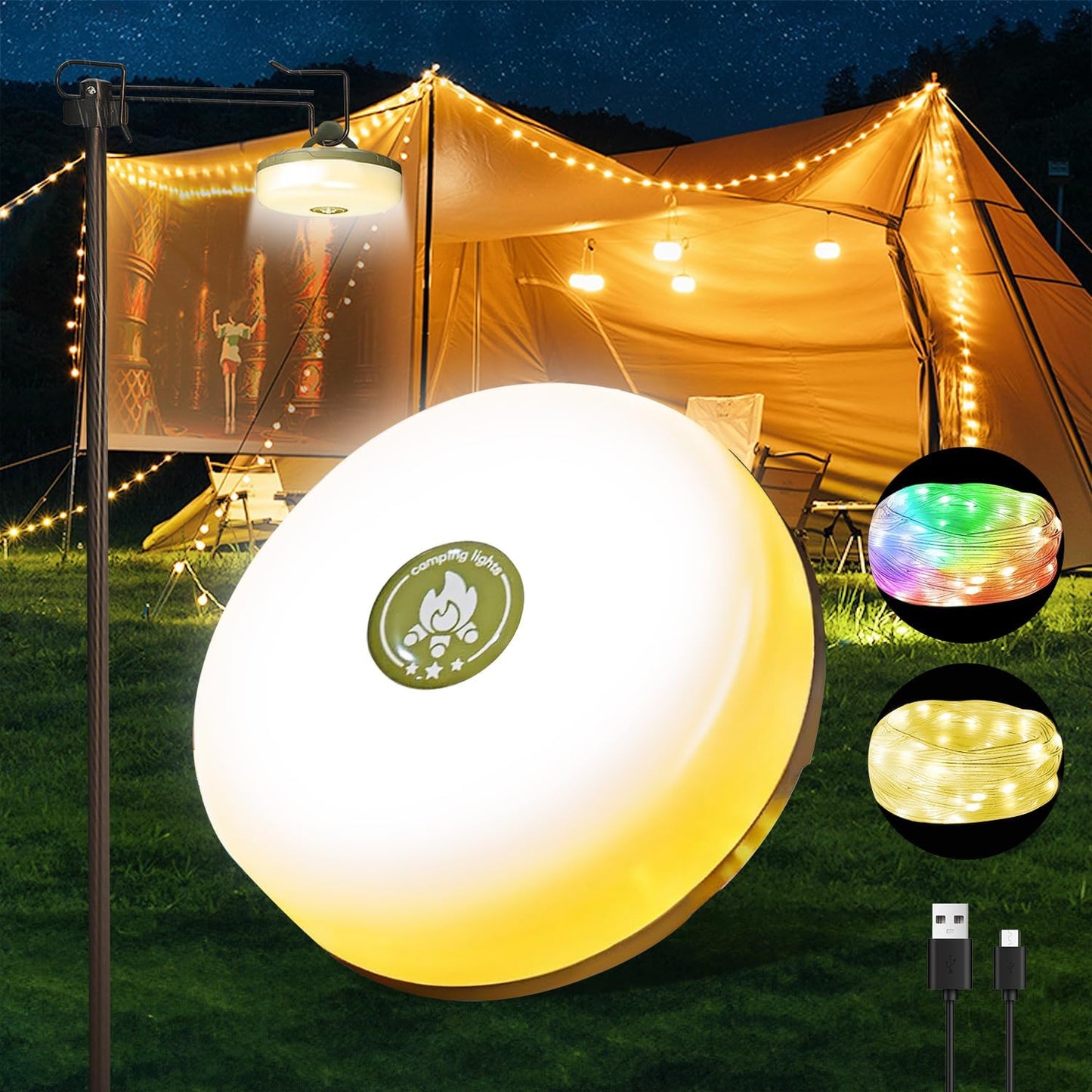 32.8FT Waterproof Camping String Lights - 4-in-1 Outdoor Lighting with 8 Modes for Tent, Yard, Garden, and Hiking Decor - Perfect Gift for Holidays and Travel Adventures!